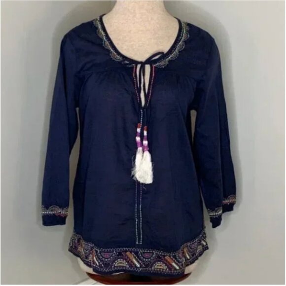 Solitaire Boho Blue Embroidered and Beaded Split Neck Tunic With Tassel Ties Med - Picture 1 of 8